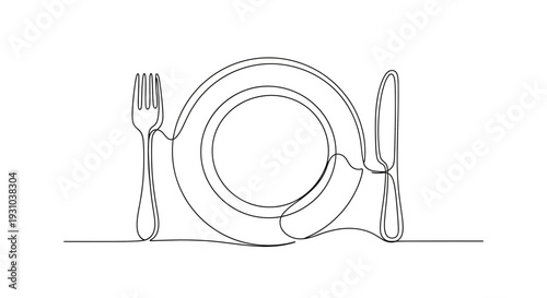 Minimalist Single Line Drawing of a Plate, Fork, and Knife - Ready to Eat