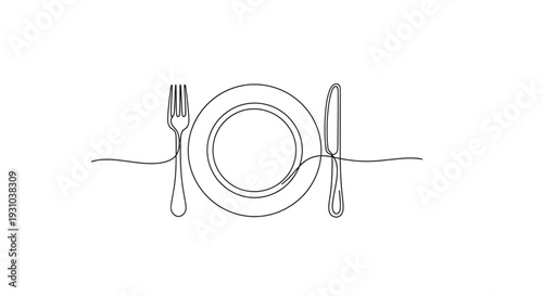 Minimalist single line drawing of a plate, fork, and knife, ready for a meal.