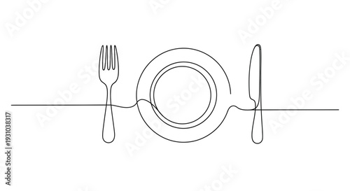 Minimalist single line drawing of a plate, fork, and knife, representing dining and food.