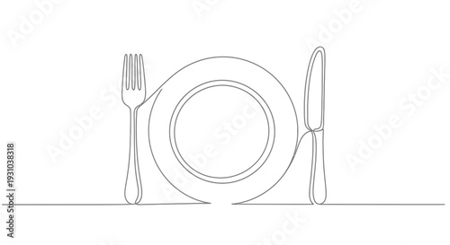 Minimalist single line drawing of a plate, fork, and knife, representing dining and food.