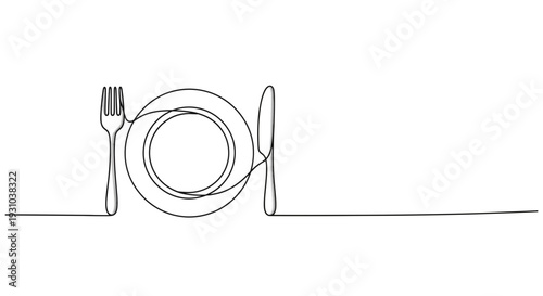 Minimalist single line drawing of a plate, fork, and knife, representing dining and food.