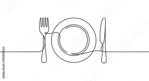 Minimalist single line drawing of a plate, fork, and knife, representing dining and food.