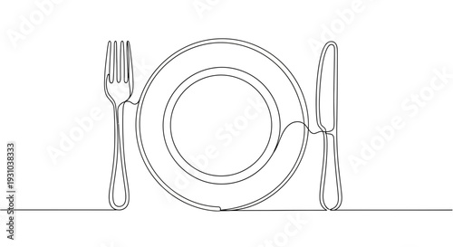 Minimalist Single Line Drawing of Plate, Fork and Knife - Ready to Eat