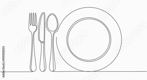 Minimalist single line drawing of plate, fork, knife, spoon on white background
