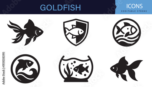 Goldfish Silhouette Icon Set Black and White Aquarium Fish Pet Shop and Marine Animal Vector Collection