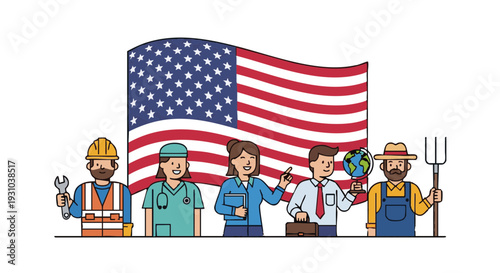Diverse American workers and professionals in front of a US flag. Vector illustration for Labor Day.