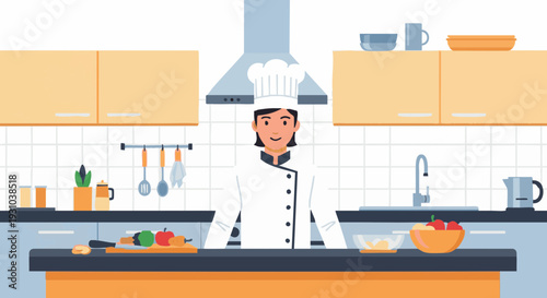 Female chef in uniform preparing food in a modern kitchen, vector illustration.