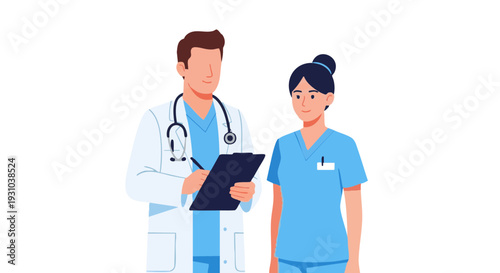 Medical professionals, doctor and nurse, with clipboard and stethoscope. Healthcare team vector.