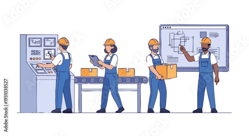 Diverse factory workers collaborating on a production line. Vector illustration of industrial team at work with machinery and diagrams.