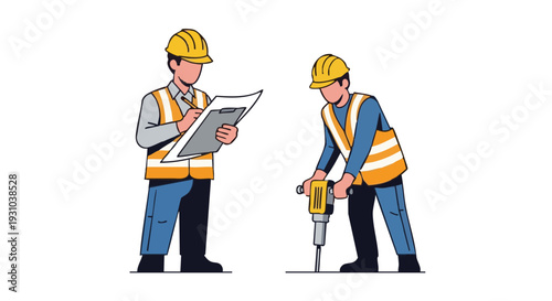 Construction workers team vector illustration. Foreman with clipboard and worker with jackhammer on white background.