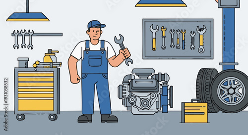 Mechanic in a workshop holding a wrench next to a car engine and tools.