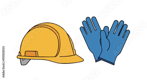 Vector illustration of a hard hat and work gloves. Safety equipment for construction and industrial work.
