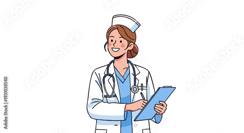 Friendly nurse in uniform with stethoscope and clipboard. Vector illustration of a smiling medical professional.
