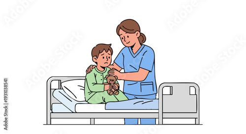 Kind nurse comforting a sad child patient in a hospital bed. Compassionate healthcare vector illustration.