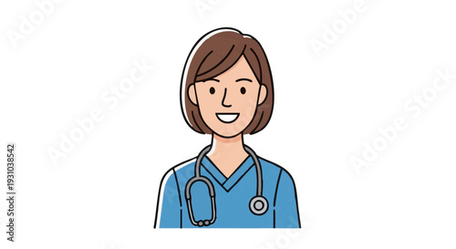 Friendly female nurse in blue scrubs with stethoscope, vector illustration portrait.