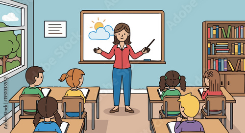Cartoon teacher giving a lesson to diverse elementary school students in a classroom