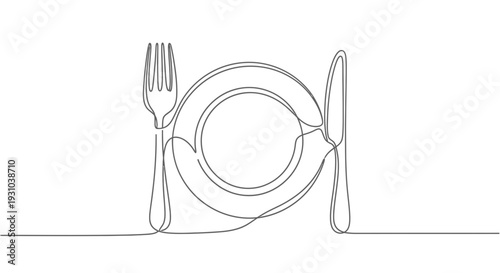 Minimalist Continuous Line Art of a Plate with Fork and Knife, Elegant Dining Setup
