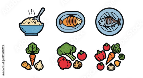 Variety of vegetables and seafood plates.