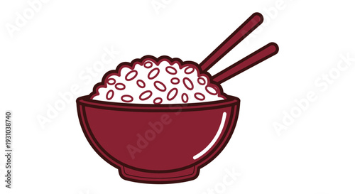 Red bowl of white rice grains.