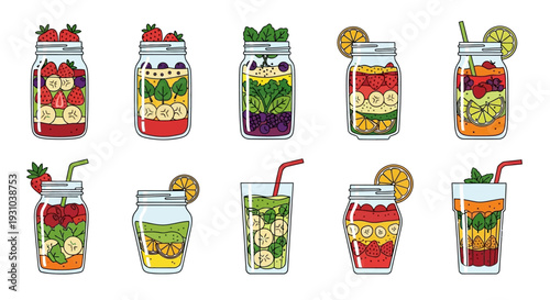 Colorful drinks with straws and garnishes.