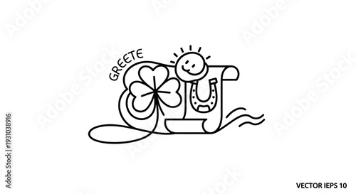 Lucky Clover, Horseshoe, Sun, and Scroll with 'GREETE' Text - Good Luck Symbol