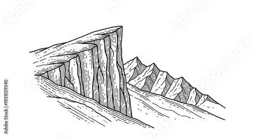 Dramatic Cliff Face and Mountain Range Illustration - Black and White Line Art