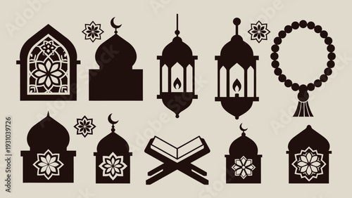 Collection of Islamic symbols and lanterns in a minimalist design