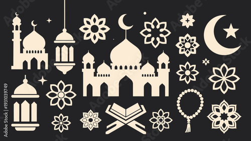Islamic font icons sheet featuring mosques, crescent moon, and floral patterns in solid vector uniform style