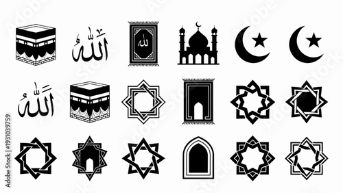 Collection of Islamic symbols and architectural elements in monochrome bold style vector illustration