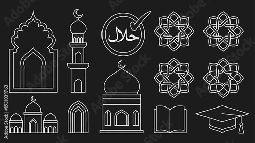 Set of Muslim religious symbols and icons in monochrome bold style