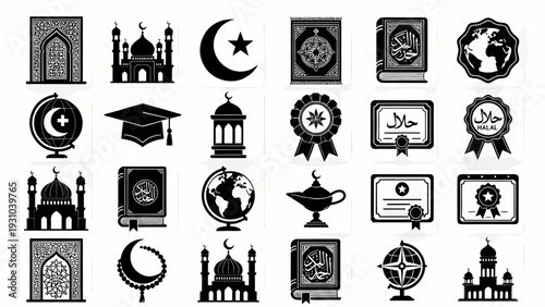 Collection of Islamic symbols and icons including mosques, crescent moon, and star, presented in a grid layout as illustrations