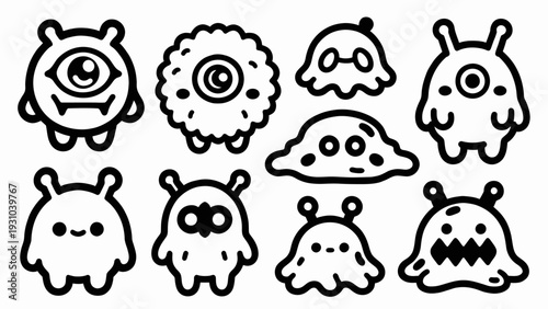 Collection of funny blob monsters with expressive faces in a playful illustration