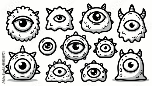 Cute doodle creatures with one-eyed cyclops and fluffy features illustrated in a playful pack