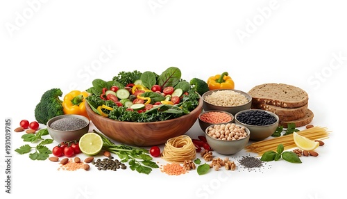 Plant-Based Nutrition Concept with Fresh Vegetables, Legumes and Grains, Vegan Healthy Food on Clean Background with Copy Space