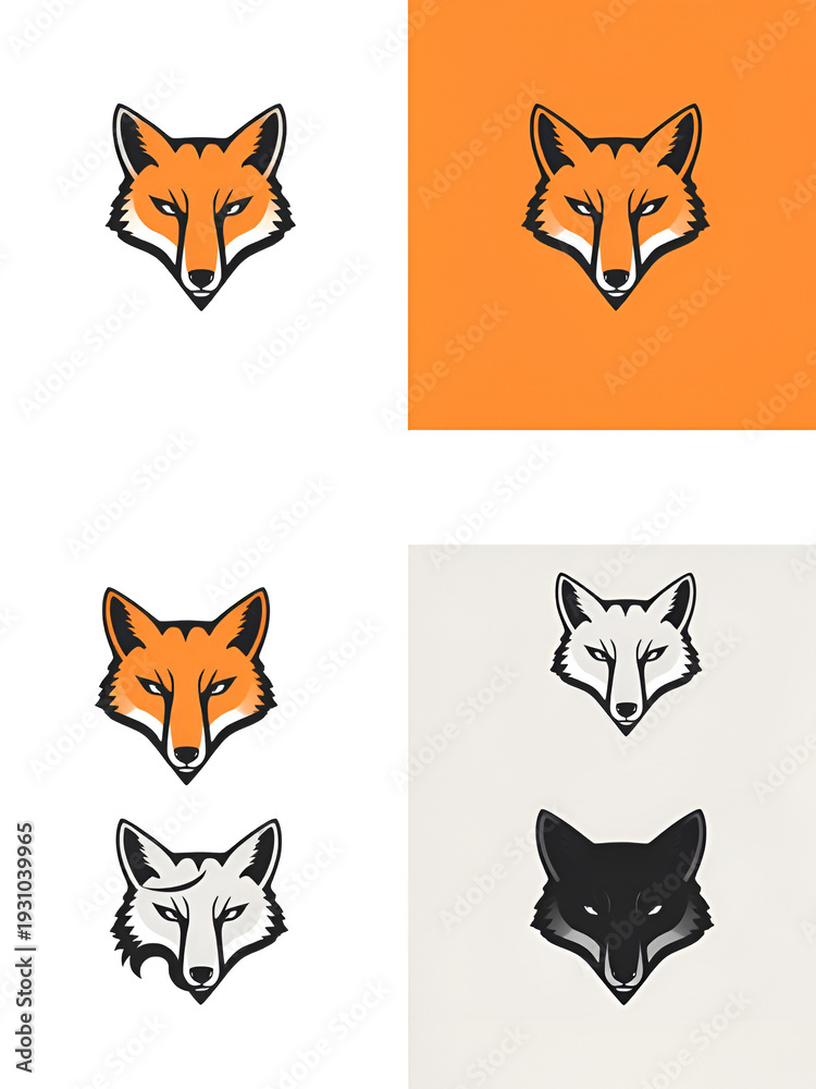 Fototapeta premium Fox hunting. Icon set. Set Logo of Fox hunting: fox head emblem. harmonious logo variations of the same emblematic concept, each with