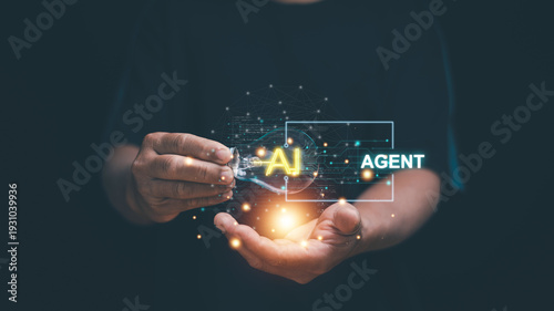 Artificial intelligence agent concept. Glowing AI text and digital network connections inside light bulb. Machine learning innovation, automation, smart assistant system and future business solution.