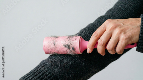 Person using lint roller to remove pet hair from sweater  