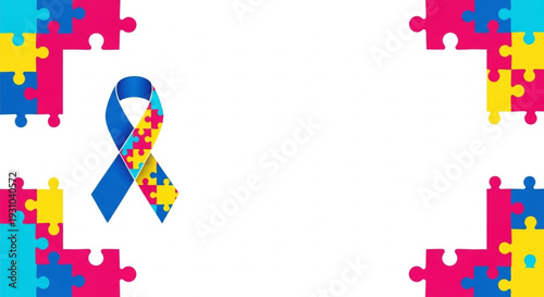 World Autism Awareness Day Autism Awareness Ribbon with Puzzle Pieces Border - Symbolizing Hope and Understanding for Neurodiversity