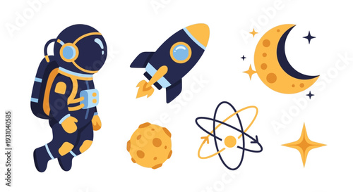 Astronaut exploring space with rocket, planet, atom, and stars in a celestial illustration
