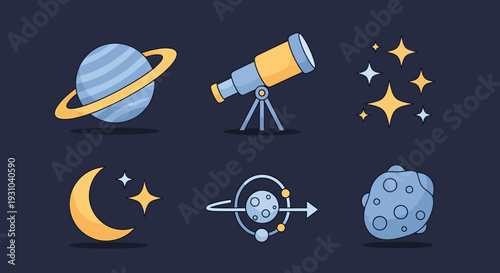 Collection of astronomy icons including planet, telescope, stars, moon, and asteroid in space