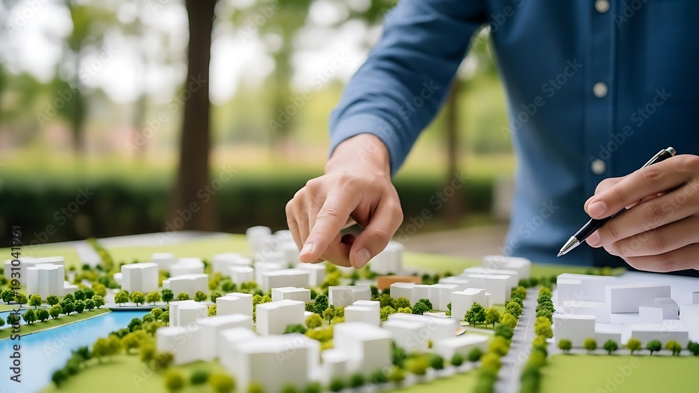 Fototapeta premium Person placing on architectural model with pen in hand outdoors architecture city