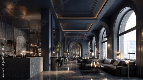 Luxurious contemporary bar interior features dark moody tones and expansive arched windows