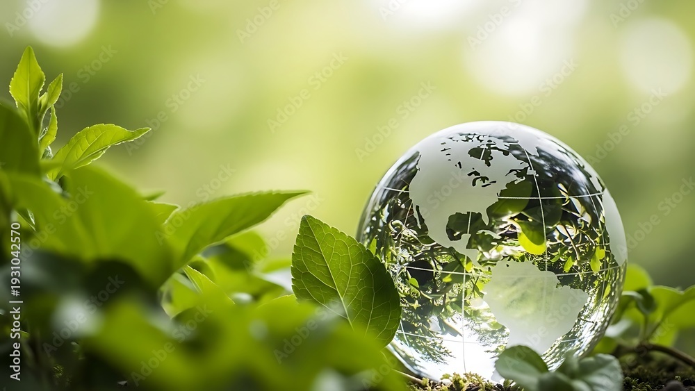 Fototapeta premium Glass Globe on Green Leaves Earth Reflection