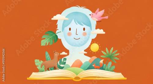 International Children's Book Day An open book unfolds into a world of imagination, featuring a child's silhouette surrounded by nature and wildlife, symbolizing the power of reading and creativity