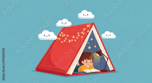 International Children's Book Day Cozy Reading Nook A Child's Imagination Unfolds Within the Pages of an Open Book, Illuminated by Fairy Lights and a Desk Lamp