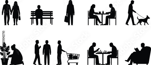 People silhouette collection daily life activities walking sitting shopping talking isolated black vector illustration set