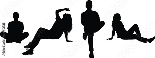 people sitting and relaxing silhouette set, casual human poses illustration, men and women resting positions, lifestyle body language vector