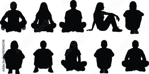 People sitting poses silhouette set, men and women cross legged relaxation positions collection, human posture vector illustration isolated