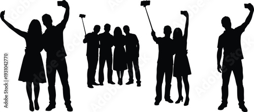 People taking selfie silhouettes with smartphone and selfie stick, friends group capturing photo together, social media lifestyle vector illustration