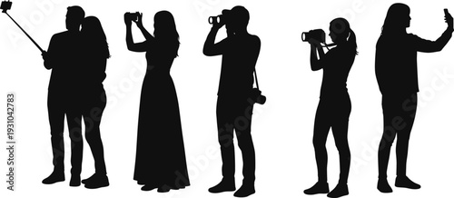 Photographer and tourist silhouettes collection, people taking photos with camera and smartphone isolated vector illustration on white background